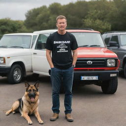 A man wearing a T-shirt with the name 'Senan', standing in front of his big car collection including a Land Cruiser V8zx, accompanied by a German Shepherd