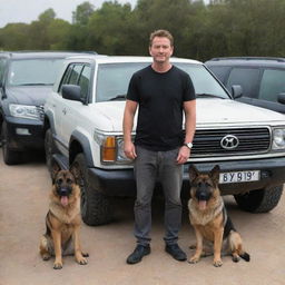 A man wearing a T-shirt with the name 'Senan', standing in front of his big car collection including a Land Cruiser V8zx, accompanied by a German Shepherd