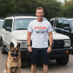 A man wearing a T-shirt with the name 'Senan', standing in front of his big car collection including a Land Cruiser V8zx, accompanied by a German Shepherd