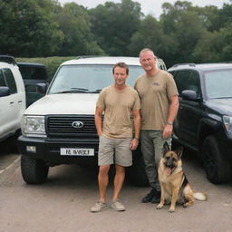 A man wearing a T-shirt with the name 'Senan', standing in front of his big car collection including a Land Cruiser V8zx, accompanied by a German Shepherd