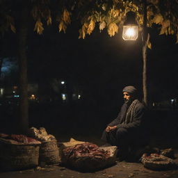 A Kashmiri street vendor wrapped up in warm clothes, busily selling his goods under the dim light of a lantern, set against a backdrop of a wind-swept night with leaves swirling in the air.