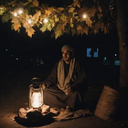 A Kashmiri street vendor wrapped up in warm clothes, busily selling his goods under the dim light of a lantern, set against a backdrop of a wind-swept night with leaves swirling in the air.