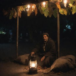 A Kashmiri street vendor wrapped up in warm clothes, busily selling his goods under the dim light of a lantern, set against a backdrop of a wind-swept night with leaves swirling in the air.