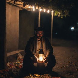 A Kashmiri street vendor wrapped up in warm clothes, busily selling his goods under the dim light of a lantern, set against a backdrop of a wind-swept night with leaves swirling in the air.