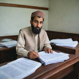 A Kashmiri man in traditional attire, diligently working behind a desk filled with documents in a brightly lit branch of Jammu & Kashmir Bank.