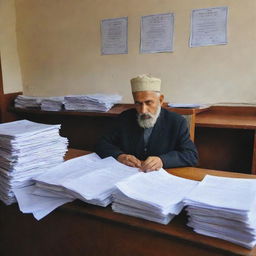 A Kashmiri man in traditional attire, diligently working behind a desk filled with documents in a brightly lit branch of Jammu & Kashmir Bank.