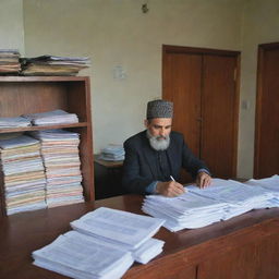 A Kashmiri man in traditional attire, diligently working behind a desk filled with documents in a brightly lit branch of Jammu & Kashmir Bank.