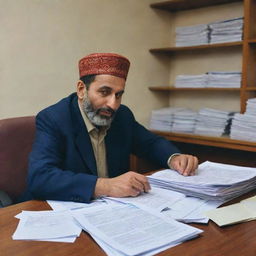 A Kashmiri man in traditional attire, diligently working behind a desk filled with documents in a brightly lit branch of Jammu & Kashmir Bank.