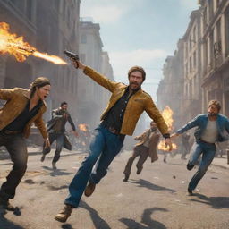 Vibrant scene from the Free Fire game, featuring characters in an action sequence where they are tumbling, dodging bullets and maneuvering showcasing adrenaline-fueled chaos.