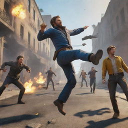 Vibrant scene from the Free Fire game, featuring characters in an action sequence where they are tumbling, dodging bullets and maneuvering showcasing adrenaline-fueled chaos.