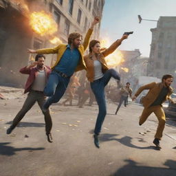 Vibrant scene from the Free Fire game, featuring characters in an action sequence where they are tumbling, dodging bullets and maneuvering showcasing adrenaline-fueled chaos.