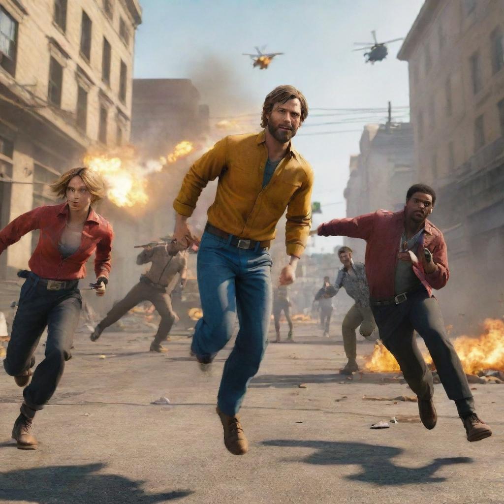 Vibrant scene from the Free Fire game, featuring characters in an action sequence where they are tumbling, dodging bullets and maneuvering showcasing adrenaline-fueled chaos.