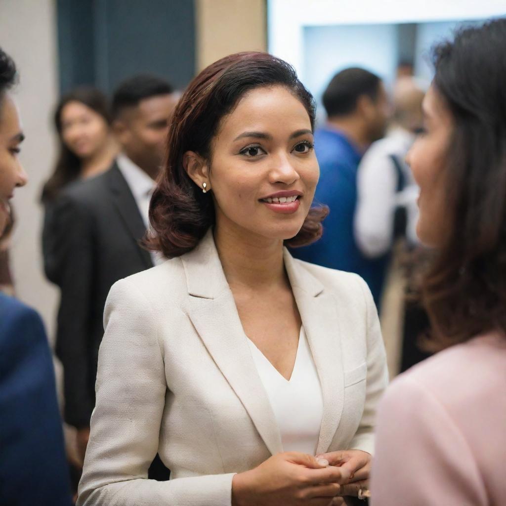 A confident woman named Aisyah, elegantly dressed, engaging in animated conversations with various individuals at a bustling networking event.