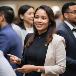 A confident woman named Aisyah, elegantly dressed, engaging in animated conversations with various individuals at a bustling networking event.