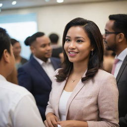 A confident woman named Aisyah, elegantly dressed, engaging in animated conversations with various individuals at a bustling networking event.