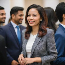 A confident woman named Aisyah, elegantly dressed, engaging in animated conversations with various individuals at a bustling networking event.