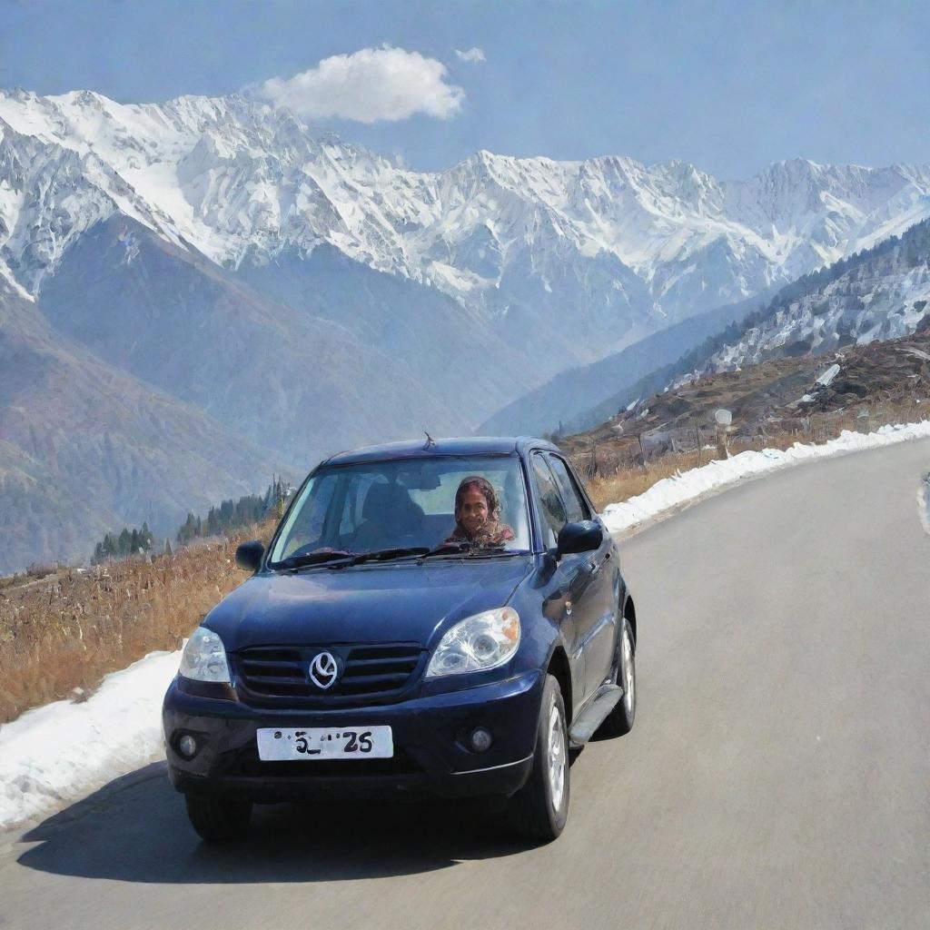 A Kashmiri woman in traditional attire confidently driving a sleek, modern car along a picturesque mountain road, with snow-capped peaks in the background.