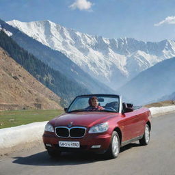 A Kashmiri woman in traditional attire confidently driving a sleek, modern car along a picturesque mountain road, with snow-capped peaks in the background.