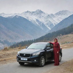 A Kashmiri woman in traditional attire confidently driving a sleek, modern car along a picturesque mountain road, with snow-capped peaks in the background.