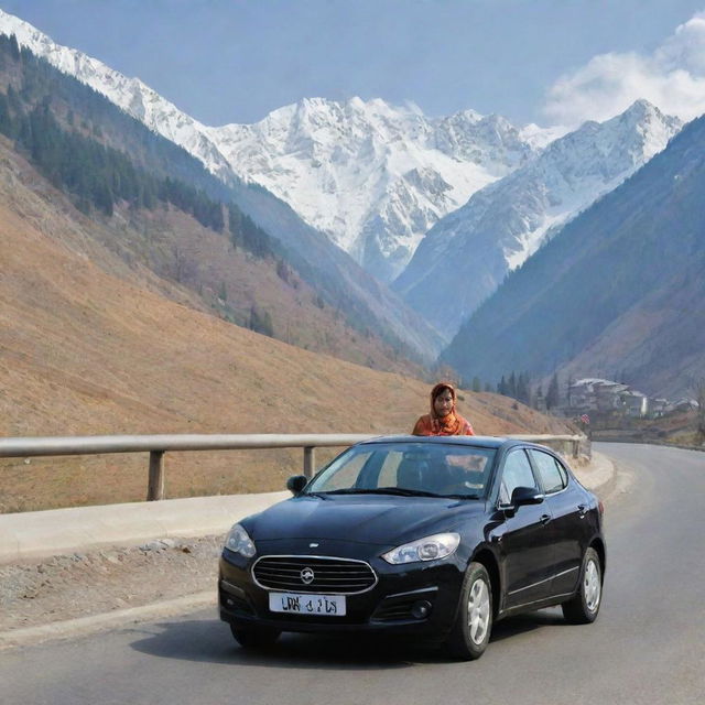 A Kashmiri woman in traditional attire confidently driving a sleek, modern car along a picturesque mountain road, with snow-capped peaks in the background.