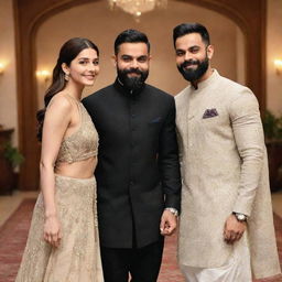 Anushka Sharma and Virat Kohli elegantly dressed, sharing a serene and loving moment together. Anushka's graceful presence contrast with Virat's confident demeanor embodying the epitome of power couple.