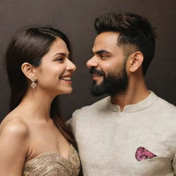 Anushka Sharma and Virat Kohli elegantly dressed, sharing a serene and loving moment together. Anushka's graceful presence contrast with Virat's confident demeanor embodying the epitome of power couple.