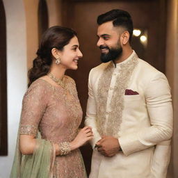 Anushka Sharma and Virat Kohli elegantly dressed, sharing a serene and loving moment together. Anushka's graceful presence contrast with Virat's confident demeanor embodying the epitome of power couple.