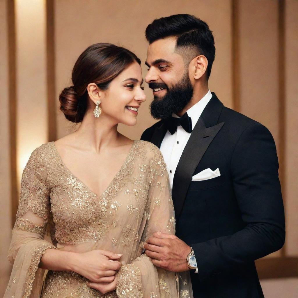 Anushka Sharma and Virat Kohli elegantly dressed, sharing a serene and loving moment together. Anushka's graceful presence contrast with Virat's confident demeanor embodying the epitome of power couple.