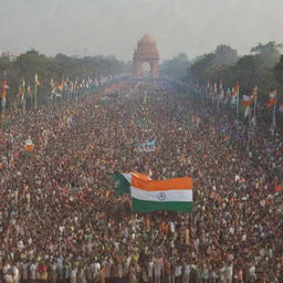 A vibrant and patriotic scene depicting the celebration of Republic Day. The foreground is filled with people waving their country's flag, while a grand parade takes place in the background.