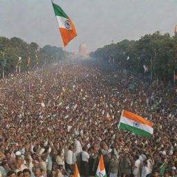 A vibrant and patriotic scene depicting the celebration of Republic Day. The foreground is filled with people waving their country's flag, while a grand parade takes place in the background.