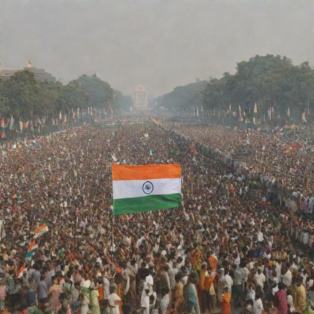 A vibrant and patriotic scene depicting the celebration of Republic Day. The foreground is filled with people waving their country's flag, while a grand parade takes place in the background.