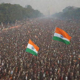 A vibrant and patriotic scene depicting the celebration of Republic Day. The foreground is filled with people waving their country's flag, while a grand parade takes place in the background.