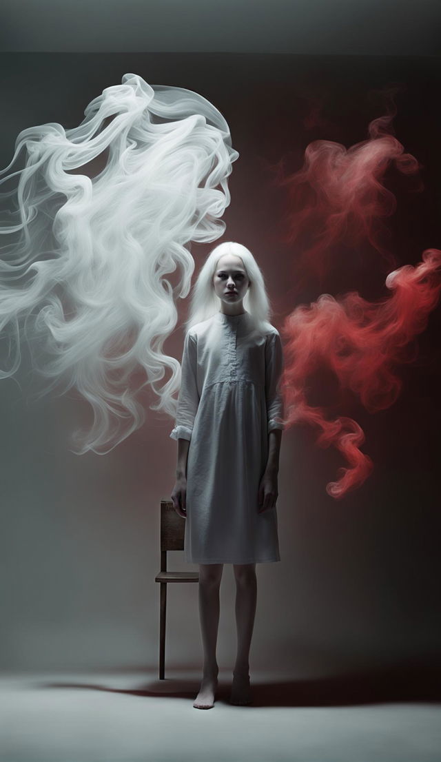 Albino girl in white shift stands in a minimalist room with theatrical lighting casting long shadows. Eerie red smoke swirls around her.