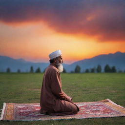 A devout Kashmiri man clothed in traditional attire offering Namaz, Islamic prayer, with a captivating sunset radiating an array of colors in the background.