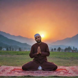 A devout Kashmiri man clothed in traditional attire offering Namaz, Islamic prayer, with a captivating sunset radiating an array of colors in the background.