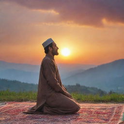 A devout Kashmiri man clothed in traditional attire offering Namaz, Islamic prayer, with a captivating sunset radiating an array of colors in the background.