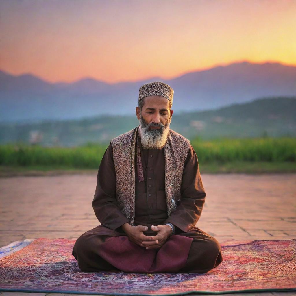 A devout Kashmiri man clothed in traditional attire offering Namaz, Islamic prayer, with a captivating sunset radiating an array of colors in the background.