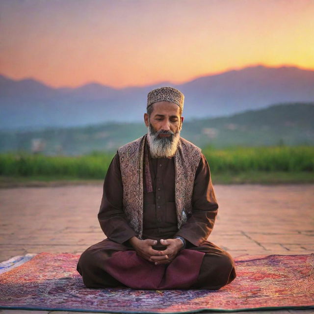 A devout Kashmiri man clothed in traditional attire offering Namaz, Islamic prayer, with a captivating sunset radiating an array of colors in the background.