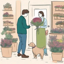 Illustrate a scene where River Bennett, a florist in a bustling city shop, is interacting with a grumpy writer, who is an accidental recipient of a misplaced bouquet