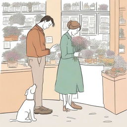 Illustrate a scene where River Bennett, a florist in a bustling city shop, is interacting with a grumpy writer, who is an accidental recipient of a misplaced bouquet