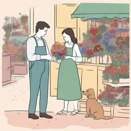 Illustrate a scene where River Bennett, a florist in a bustling city shop, is interacting with a grumpy writer, who is an accidental recipient of a misplaced bouquet