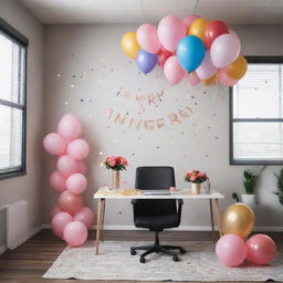 Beautifully decorated office space with balloons, confetti, and a customized banner celebrating a work anniversary.