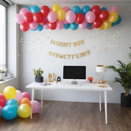 Beautifully decorated office space with balloons, confetti, and a customized banner celebrating a work anniversary.