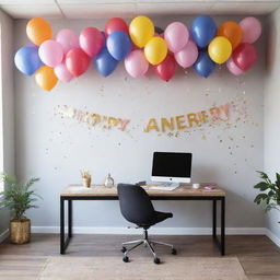 Beautifully decorated office space with balloons, confetti, and a customized banner celebrating a work anniversary.