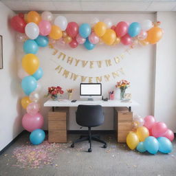 Beautifully decorated office space with balloons, confetti, and a customized banner celebrating a work anniversary.