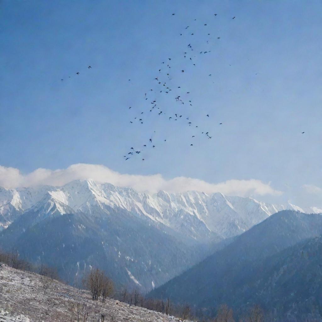 A sky filled with numerous birds soaring high amidst swirling snowflakes, over the frosty landscape of Kashmir with its snow-capped mountains.