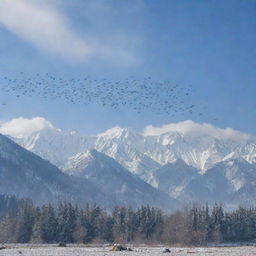 A sky filled with numerous birds soaring high amidst swirling snowflakes, over the frosty landscape of Kashmir with its snow-capped mountains.