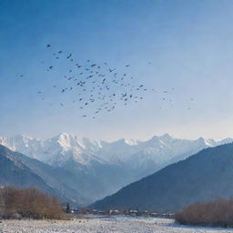 A sky filled with numerous birds soaring high amidst swirling snowflakes, over the frosty landscape of Kashmir with its snow-capped mountains.