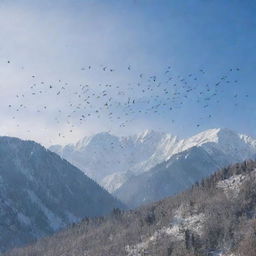 A sky filled with numerous birds soaring high amidst swirling snowflakes, over the frosty landscape of Kashmir with its snow-capped mountains.