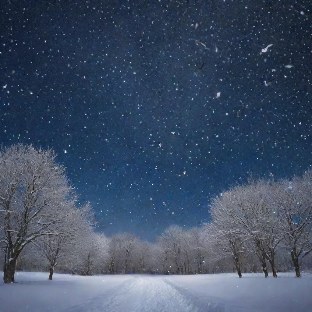 A dreamlike scene of a nighttime sky filled with stars, where countless birds are taking flight amidst falling snowflakes, creating a mesmerizing blend of motion and serenity.